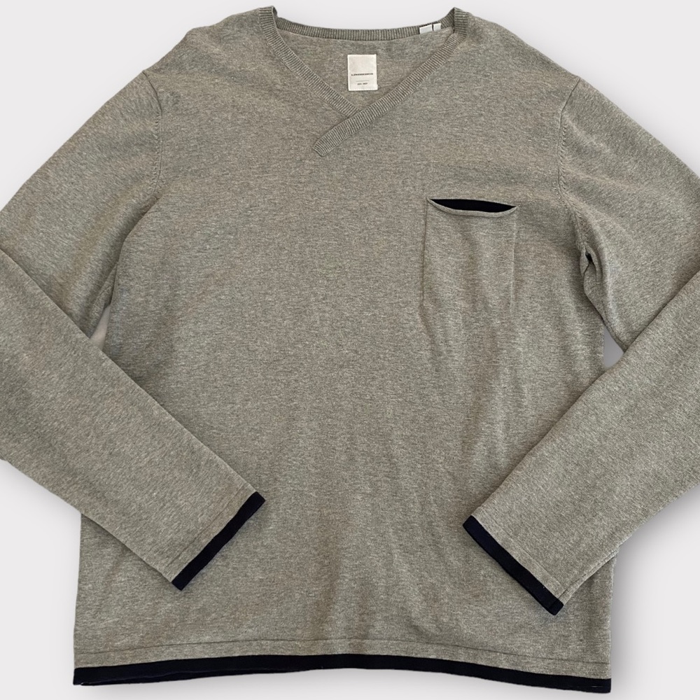 Lindbergh Men’s Sweater XXL 2XL 100% Cotton Contrast Trim V-Neck European Luxury